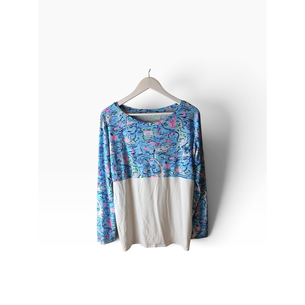 Lilly Pulitzer Cape Cod Map Nautical Long Sleeve Graphic Top Blue Pink Lage